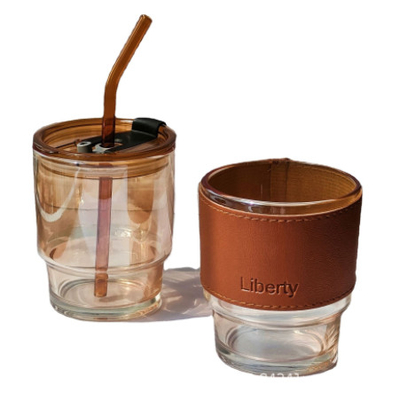 450ml লেদার গ্লাস ওয়াটার বোতল কাচের খড় দিয়ে